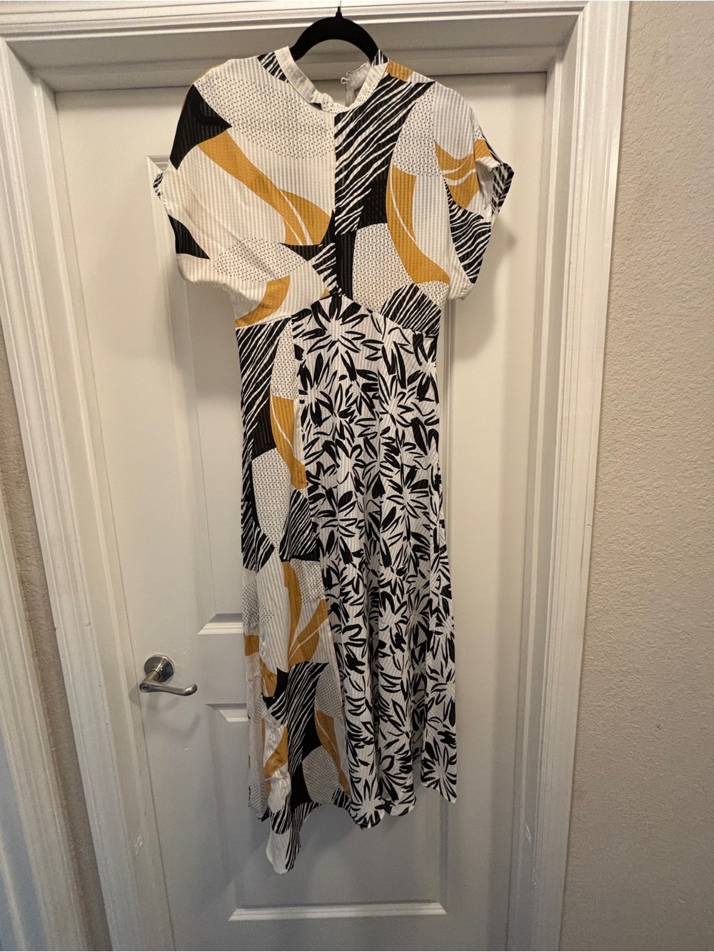 ASOS Abstract Print Midi Dress in White, Black & Mustard